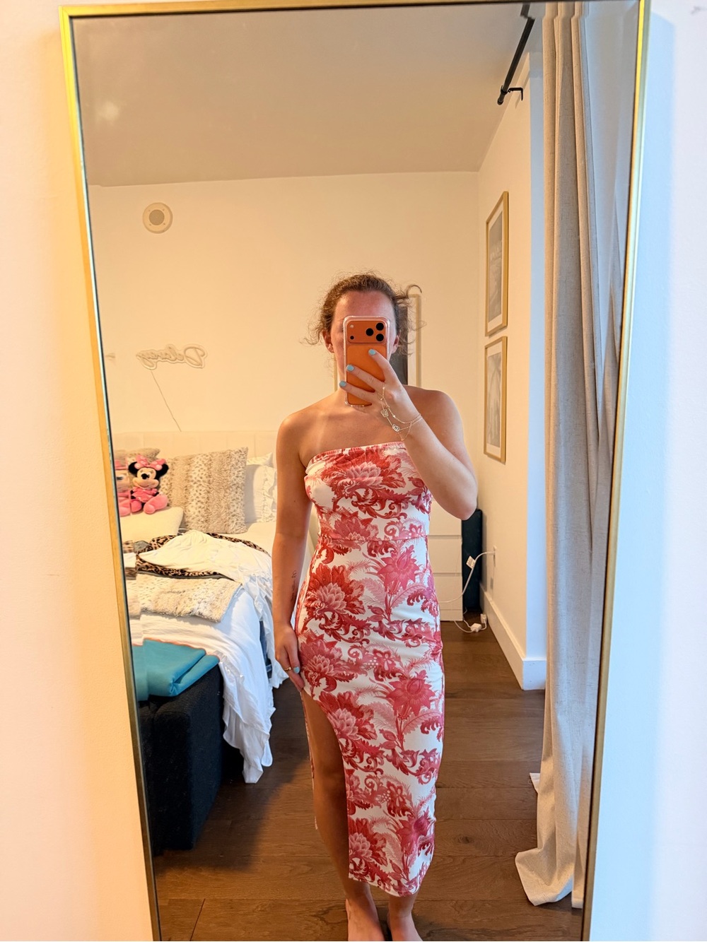 PrettyLittleThing White and Pink Strapless Floral Midi Dress